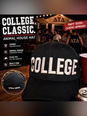 Animal House College Embroidered Black Flex Fit Hat Cap NWT